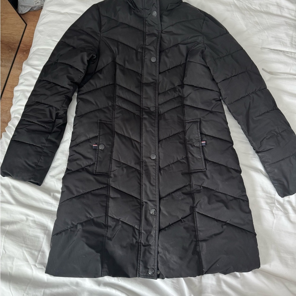 Tommy Hilfiger Black Long Puffer Coat Women’s Size Small Warm Winter Jacket